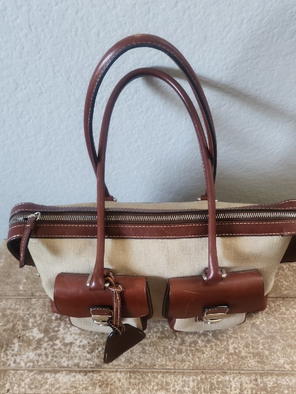Dooney & Bourke Cream Canvas Satchel with Brown Leather Trim and Front Pockets - Picture 3 of 11